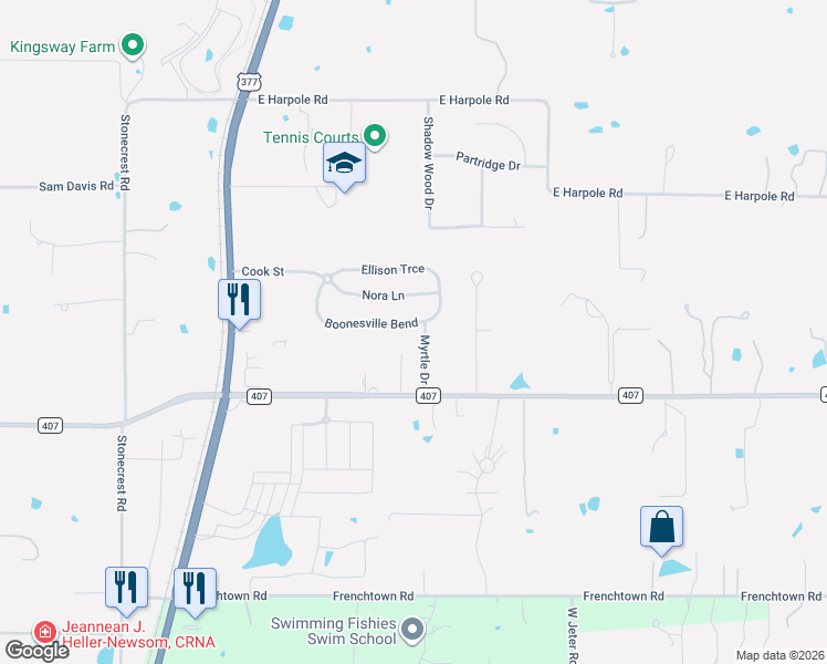 map of restaurants, bars, coffee shops, grocery stores, and more near 417 Boonesville Bend in Argyle