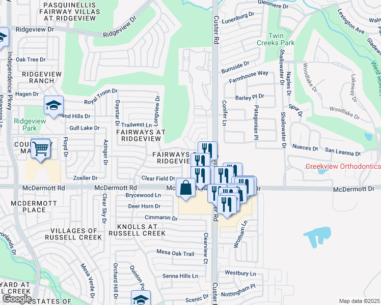 map of restaurants, bars, coffee shops, grocery stores, and more near 9200 Blue Water Drive in Plano