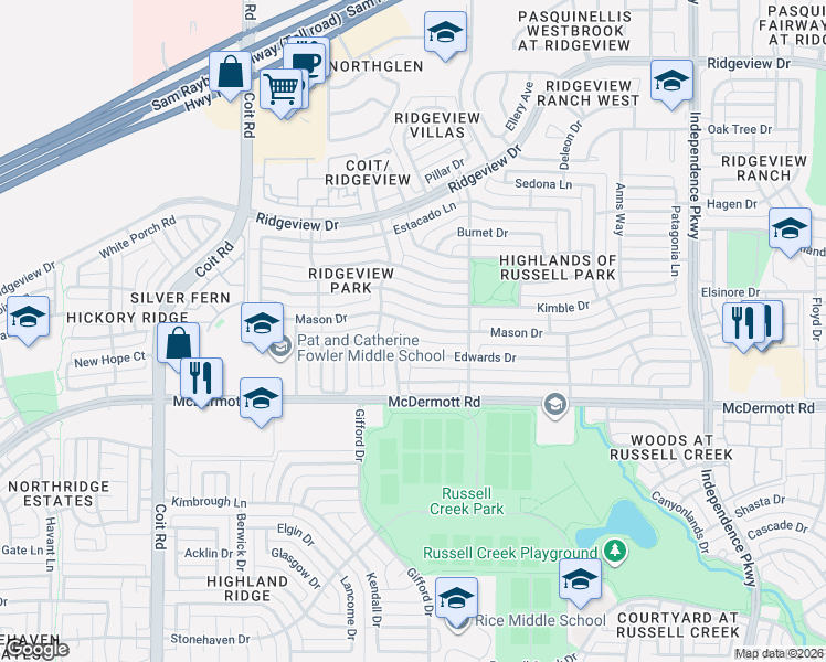 map of restaurants, bars, coffee shops, grocery stores, and more near 3544 Mason Drive in Plano