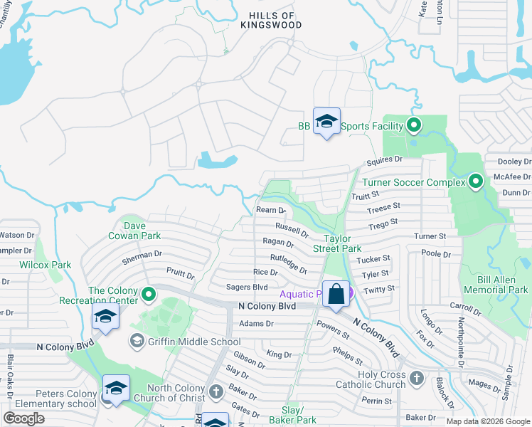 map of restaurants, bars, coffee shops, grocery stores, and more near 5509 Rearn Drive in The Colony