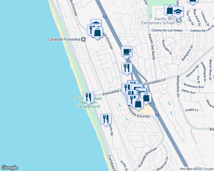 map of restaurants, bars, coffee shops, grocery stores, and more near 611 Red Coral Avenue in Carlsbad