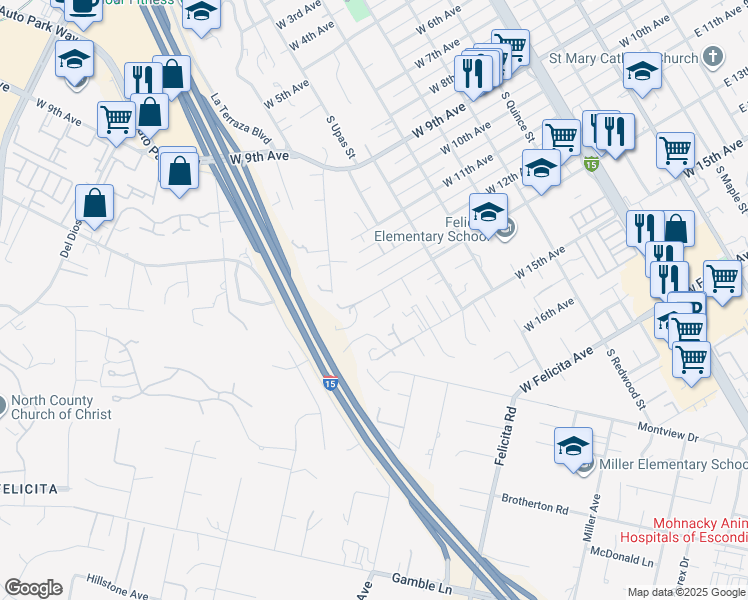 map of restaurants, bars, coffee shops, grocery stores, and more near 1221 W 13th Ave in Escondido