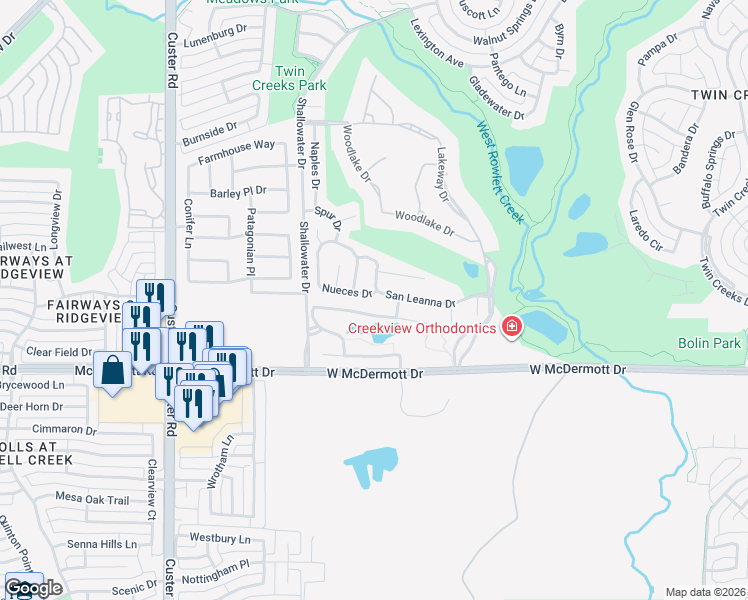map of restaurants, bars, coffee shops, grocery stores, and more near 1837 Nueces Drive in Allen