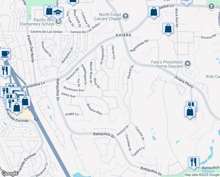map of restaurants, bars, coffee shops, grocery stores, and more near 7090 Crystalline Drive in Carlsbad