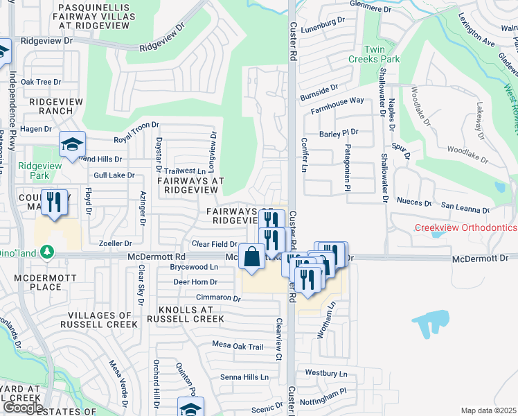 map of restaurants, bars, coffee shops, grocery stores, and more near 9200 Blue Water Drive in Plano