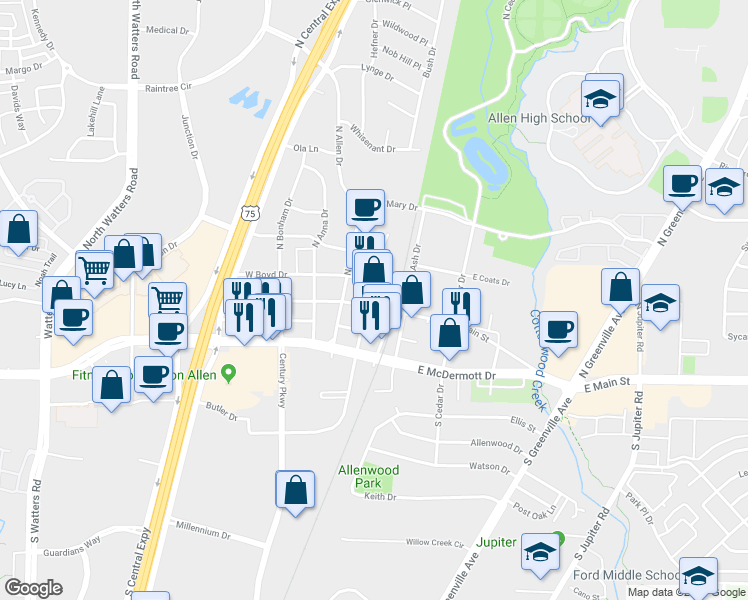 map of restaurants, bars, coffee shops, grocery stores, and more near 112 West Main Street in Allen