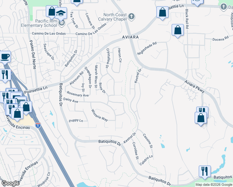map of restaurants, bars, coffee shops, grocery stores, and more near 7090 Crystalline Drive in Carlsbad