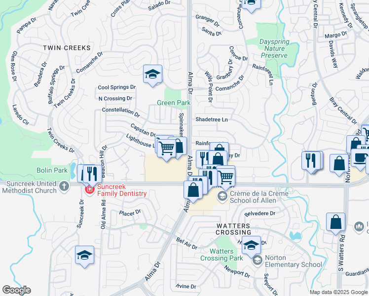 map of restaurants, bars, coffee shops, grocery stores, and more near 400 Spinnaker Drive in Allen