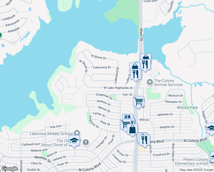map of restaurants, bars, coffee shops, grocery stores, and more near 4541 West Lake Highlands Drive in The Colony