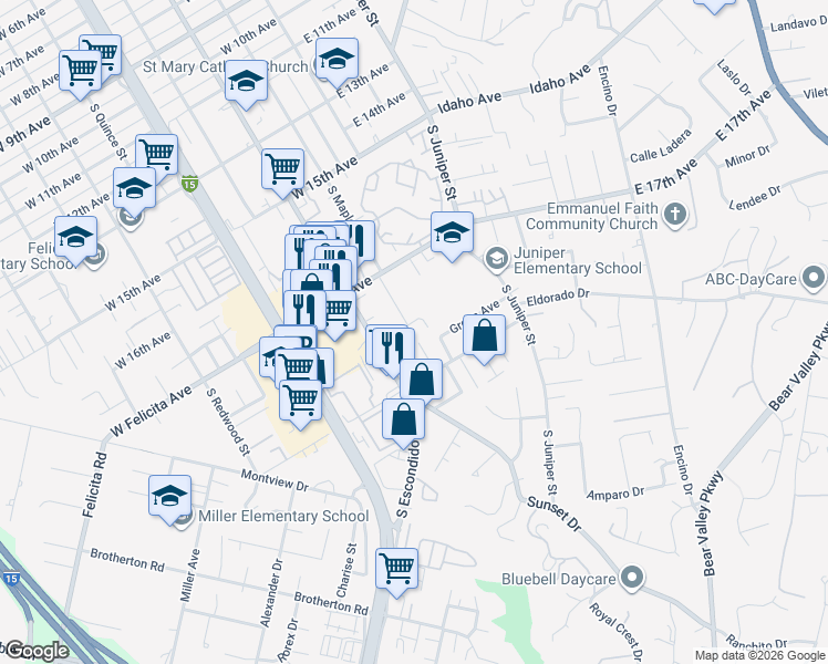 map of restaurants, bars, coffee shops, grocery stores, and more near 1800 South Maple Street in Escondido