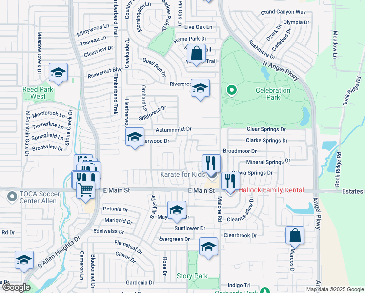 map of restaurants, bars, coffee shops, grocery stores, and more near 309 Trailwood Drive in Allen