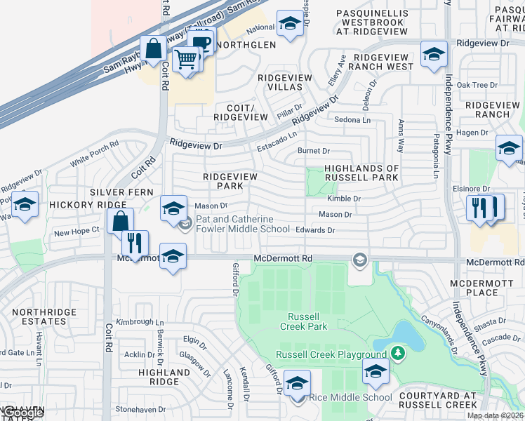 map of restaurants, bars, coffee shops, grocery stores, and more near 3544 Mason Drive in Plano