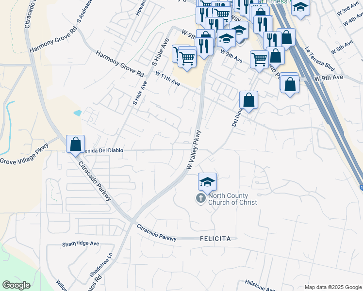 map of restaurants, bars, coffee shops, grocery stores, and more near 1815 Esquire Glen in Escondido