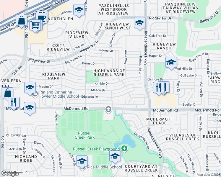 map of restaurants, bars, coffee shops, grocery stores, and more near 3301 Mason Drive in Plano