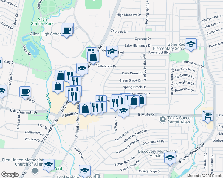 map of restaurants, bars, coffee shops, grocery stores, and more near 708 Spring Brook Drive in Allen