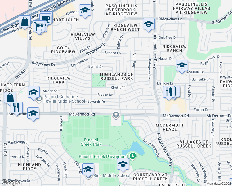 map of restaurants, bars, coffee shops, grocery stores, and more near 3301 Mason Drive in Plano