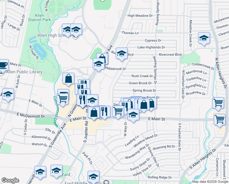map of restaurants, bars, coffee shops, grocery stores, and more near 700 Spring Brook Drive in Allen