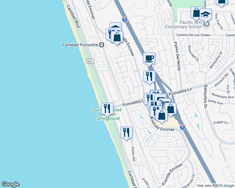 map of restaurants, bars, coffee shops, grocery stores, and more near 6956 Catamaran Drive in Carlsbad