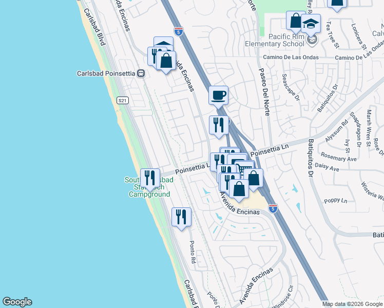 map of restaurants, bars, coffee shops, grocery stores, and more near 623 Red Coral Avenue in Carlsbad
