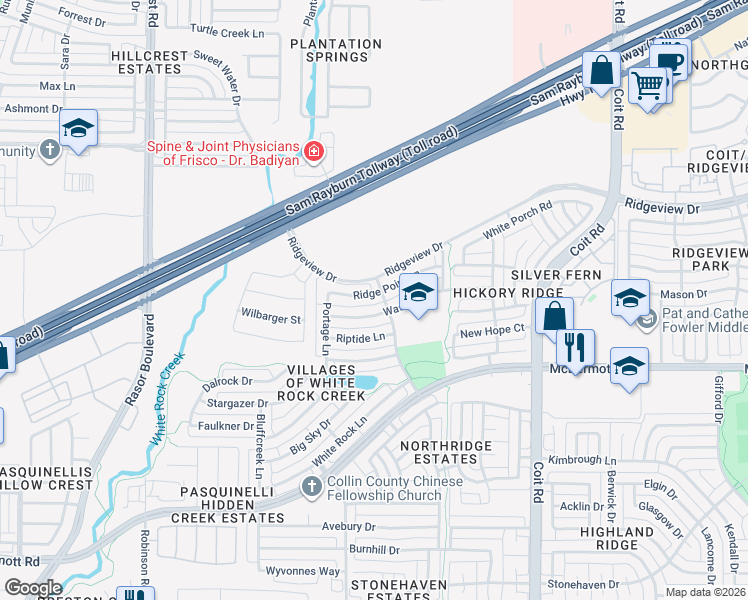 map of restaurants, bars, coffee shops, grocery stores, and more near 4404 Ridge Point Lane in Plano