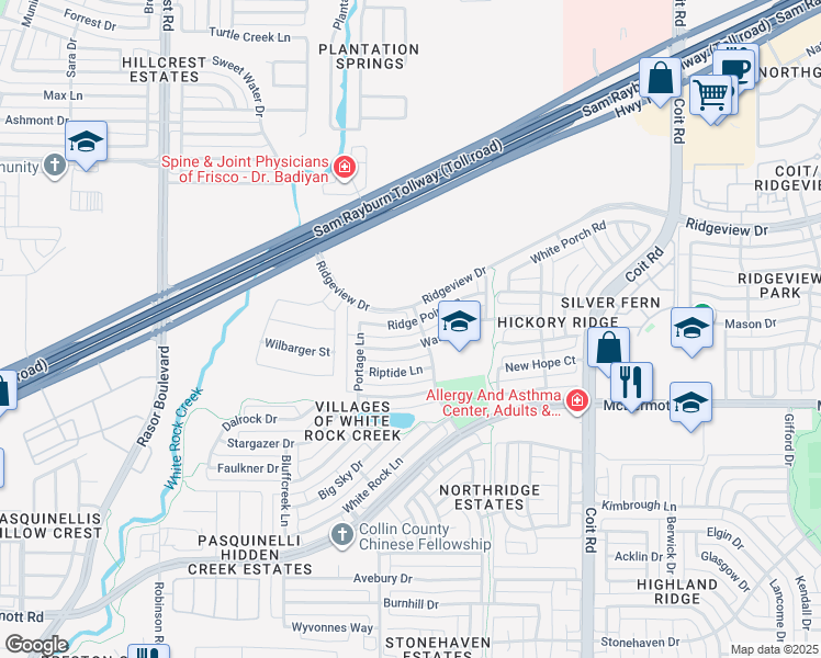map of restaurants, bars, coffee shops, grocery stores, and more near 4404 Ridge Point Lane in Plano