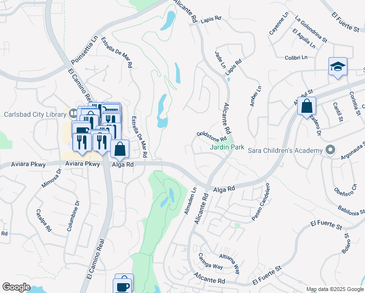 map of restaurants, bars, coffee shops, grocery stores, and more near 2219 Azurite Place in Carlsbad