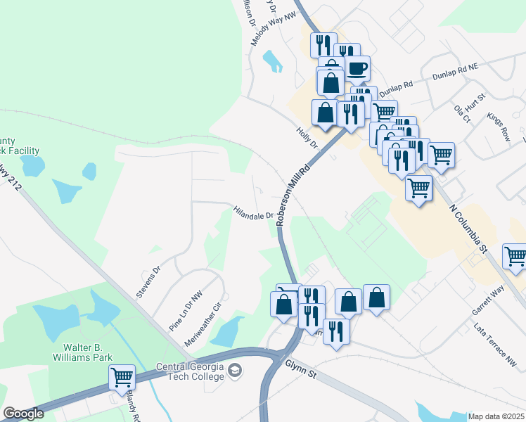 map of restaurants, bars, coffee shops, grocery stores, and more near 1121 Cobblestone Park Drive in Milledgeville