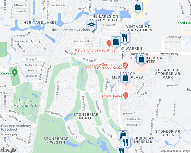 map of restaurants, bars, coffee shops, grocery stores, and more near 17 Windsor Ridge in Frisco