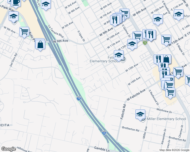 map of restaurants, bars, coffee shops, grocery stores, and more near 1133 West 13th Avenue in Escondido