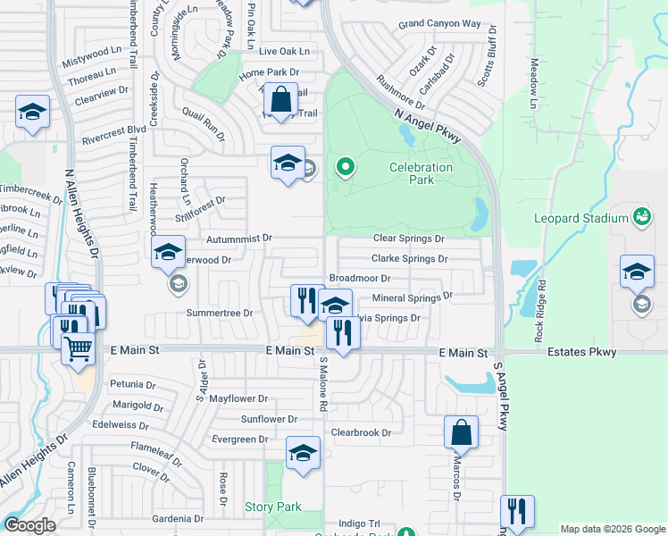 map of restaurants, bars, coffee shops, grocery stores, and more near 311 Del Cano Dr in Allen
