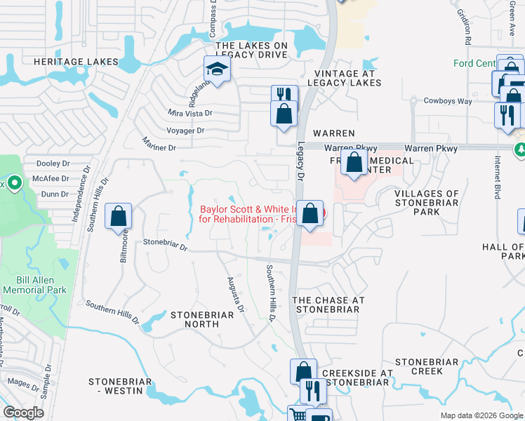 map of restaurants, bars, coffee shops, grocery stores, and more near 25 Fairway Drive in Frisco
