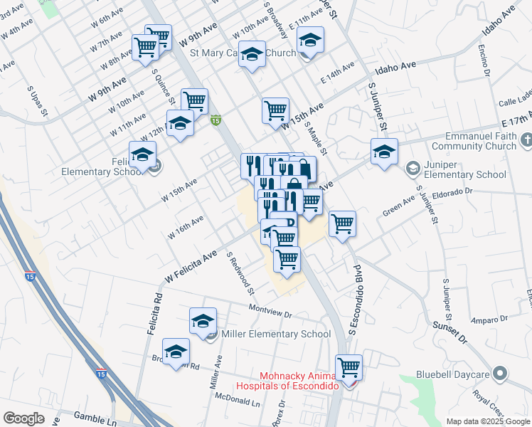 map of restaurants, bars, coffee shops, grocery stores, and more near 1677 South Centre City Parkway in Escondido