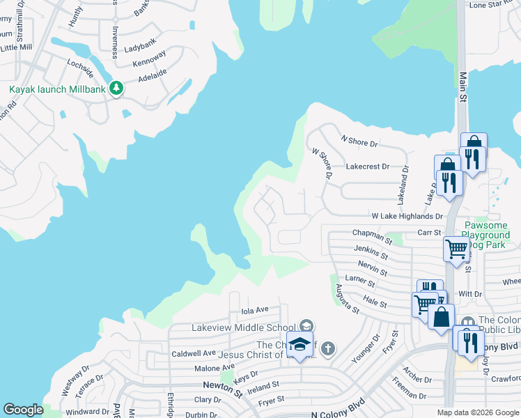 map of restaurants, bars, coffee shops, grocery stores, and more near 7238 Waters Edge Drive in The Colony