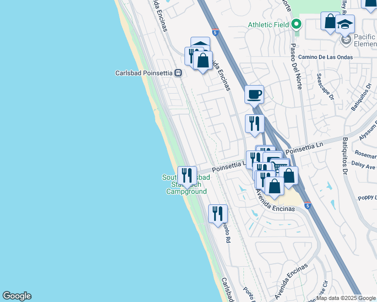 map of restaurants, bars, coffee shops, grocery stores, and more near 6967 Tradewinds Drive in Carlsbad