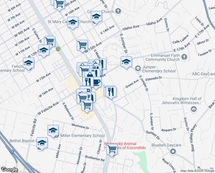 map of restaurants, bars, coffee shops, grocery stores, and more near 1770 South Escondido Boulevard in Escondido
