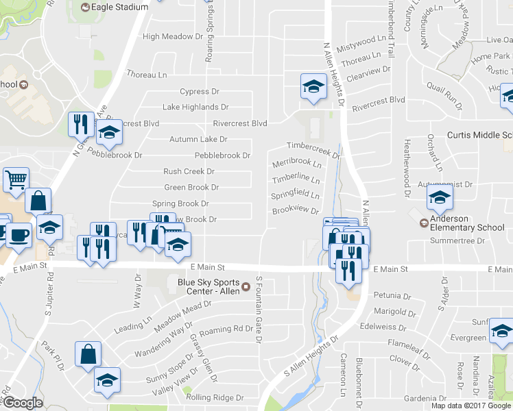 map of restaurants, bars, coffee shops, grocery stores, and more near 308 Willow Brook Drive in Allen