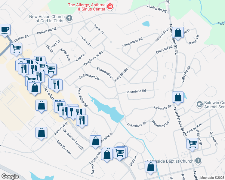map of restaurants, bars, coffee shops, grocery stores, and more near 1706 Cedarwood Road in Milledgeville