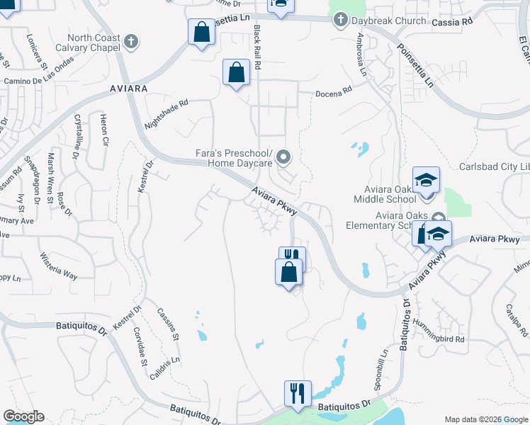map of restaurants, bars, coffee shops, grocery stores, and more near 7076 Surfbird Circle in Carlsbad