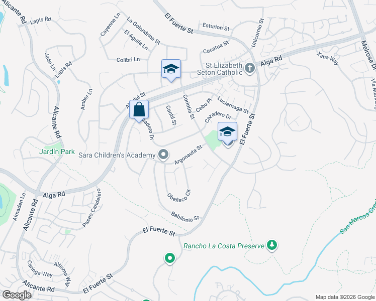 map of restaurants, bars, coffee shops, grocery stores, and more near 2720 Argonauta Street in Carlsbad
