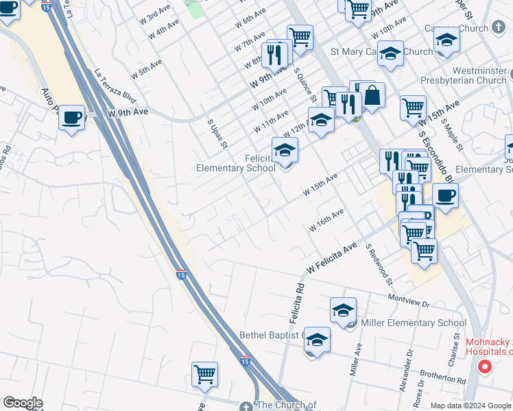 map of restaurants, bars, coffee shops, grocery stores, and more near 1415 South Upas Street in Escondido