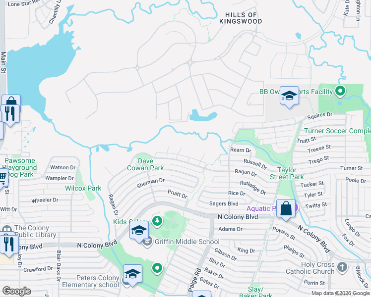 map of restaurants, bars, coffee shops, grocery stores, and more near 7209 Bradford Pl in The Colony