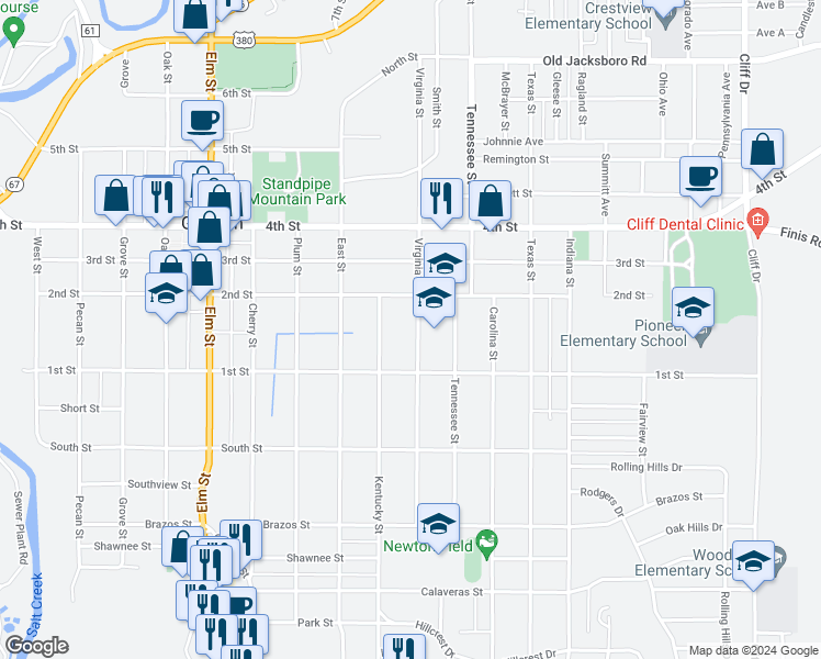 map of restaurants, bars, coffee shops, grocery stores, and more near 714 Virginia Street in Graham