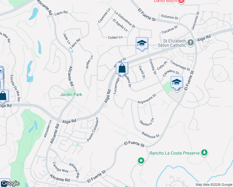 map of restaurants, bars, coffee shops, grocery stores, and more near 6820 Luciernaga Court in Carlsbad
