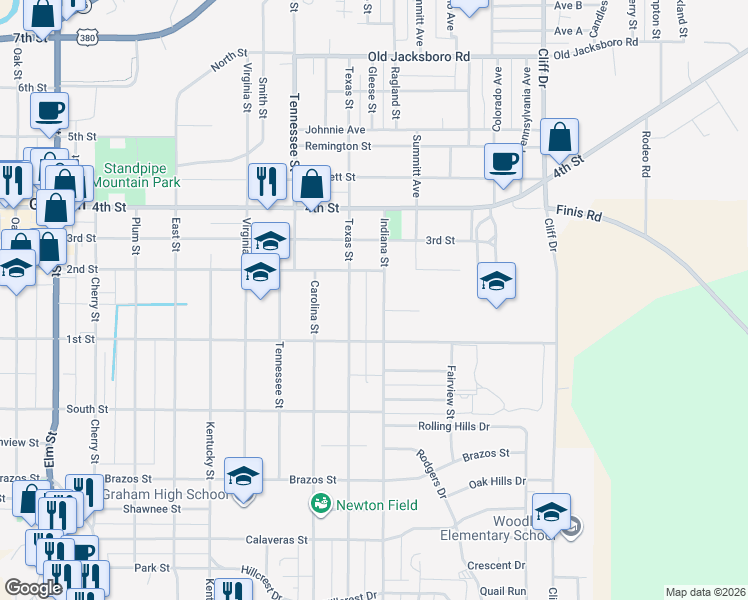 map of restaurants, bars, coffee shops, grocery stores, and more near 712 Indiana Street in Graham