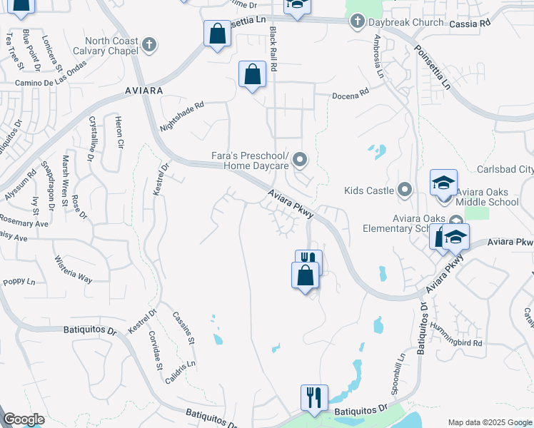 map of restaurants, bars, coffee shops, grocery stores, and more near 7295 Surfbird Circle in Carlsbad