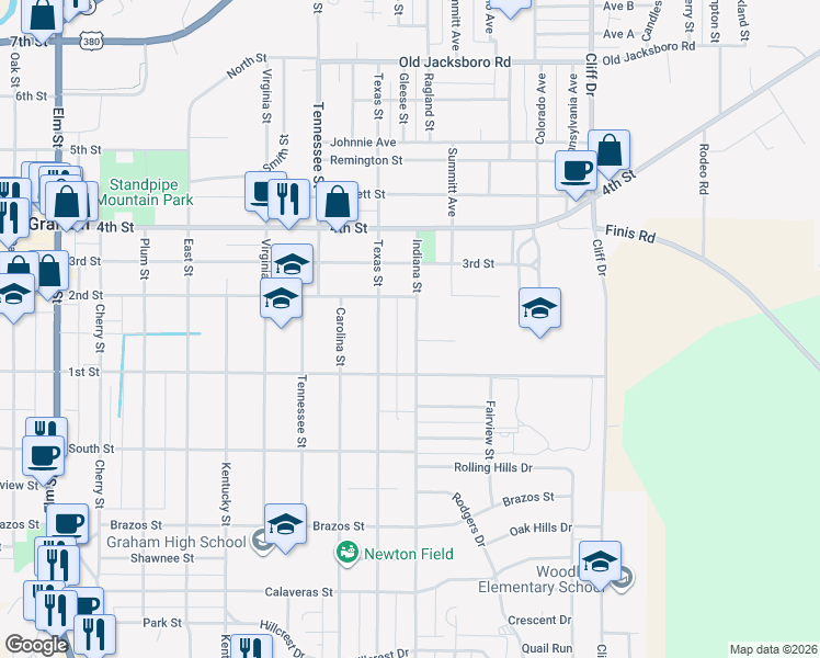 map of restaurants, bars, coffee shops, grocery stores, and more near 712 Indiana Street in Graham