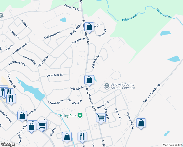 map of restaurants, bars, coffee shops, grocery stores, and more near 1647 Valley Road in Milledgeville