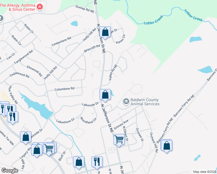 map of restaurants, bars, coffee shops, grocery stores, and more near 1647 Valley Road in Milledgeville