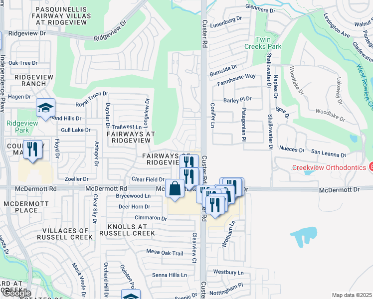 map of restaurants, bars, coffee shops, grocery stores, and more near 9200 Blue Water Drive in Plano