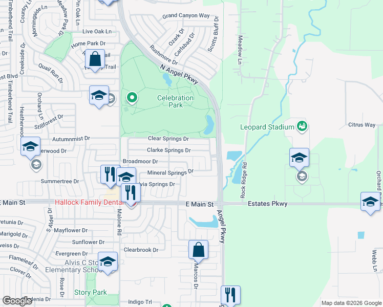 map of restaurants, bars, coffee shops, grocery stores, and more near 1718 Clarke Springs Drive in Allen
